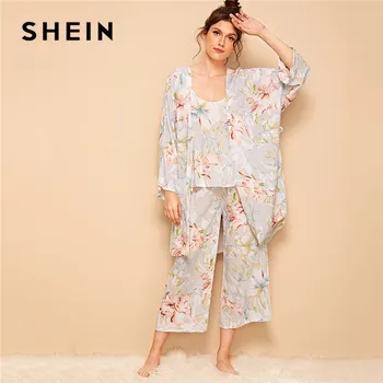 

SHEIN Floral Print Cami Pajama Set With Robe Women Summer Casual Sleepwear Spaghetti Strap Long Sleeve Belted Ladies Robe Set