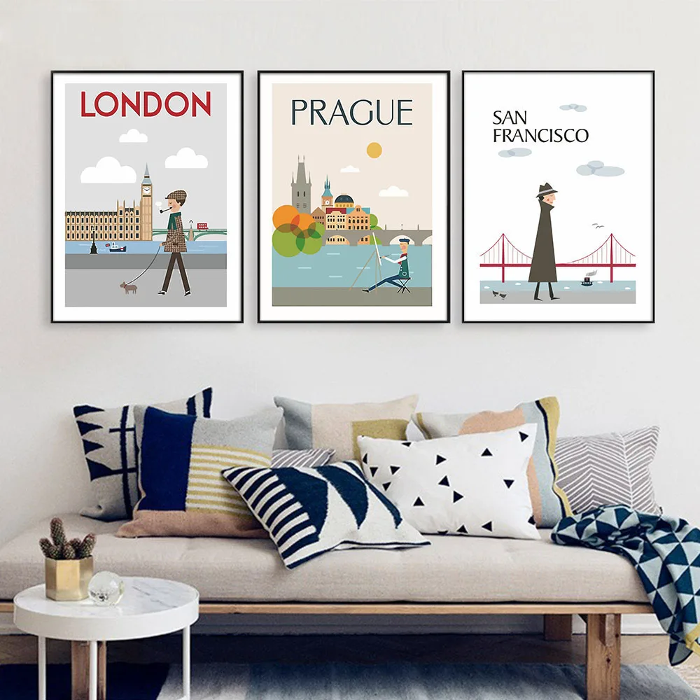 

The Morning of City London New York Vintage Poster Landscape Art Canvas Painting Wall Modular Pictures Modern Home Decoration