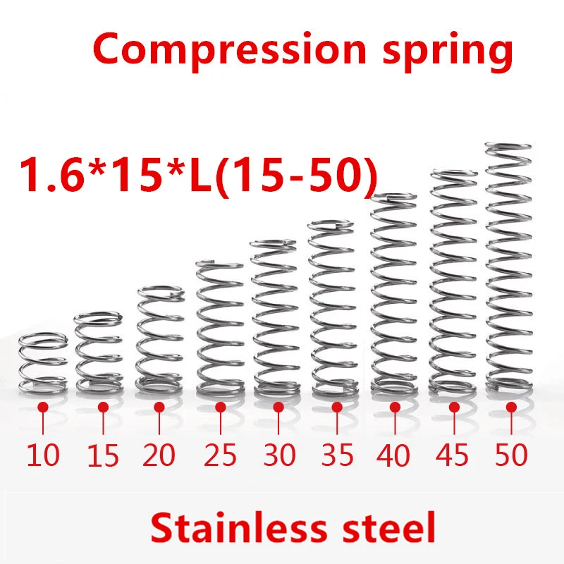 10pcs/lot 1.6*15*10/15/20/25/30/35/40/45/50mm spring 1.6mm stainless steel Micro small Compression spring
10pcs/lot 1.6*15*10/15/20/25/30/35/40/45/50mm spring 1.6mm stainless steel Micro small Compression spring
