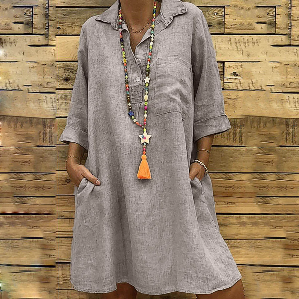 Womens Dress Vestidos Verano Women's Solid Dress Boho Turn-down Collar Casual Pocket Button Dress Vetement Femme Loose Dresses
Womens Dress Vestidos Verano Women's Solid Dress Boho Turn-down Collar Casual Pocket Button Dress Vetement Femme Loose Dresses