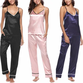 Women Summer Faux Silk Pajamas Set Deep V-Neck Spaghetti Straps Tank Top Full Length Solid Color Long Pants Sleepwear House Loun
Women Summer Faux Silk Pajamas Set Deep V-Neck Spaghetti Straps Tank Top Full Length Solid Color Long Pants Sleepwear House Loun