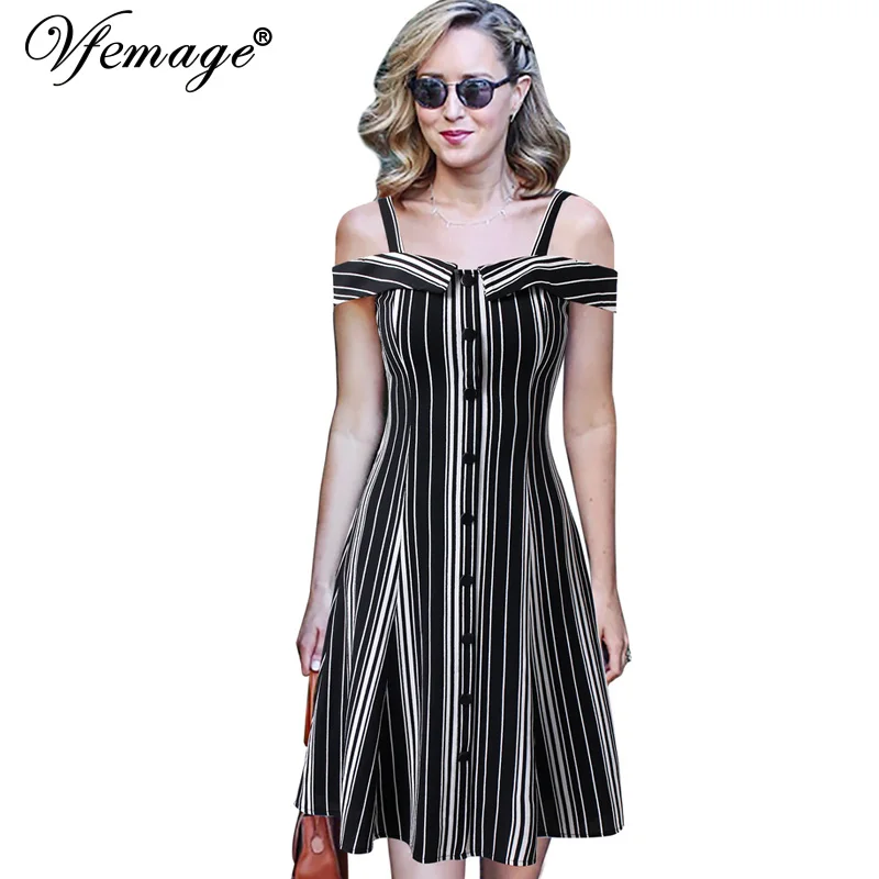 

Vfemage Sexy Off Shoulder Summer Strappy Striped Print Buttons Pinup Casual Party Vestidos Fit and Flare A-Line Skater Dress 440