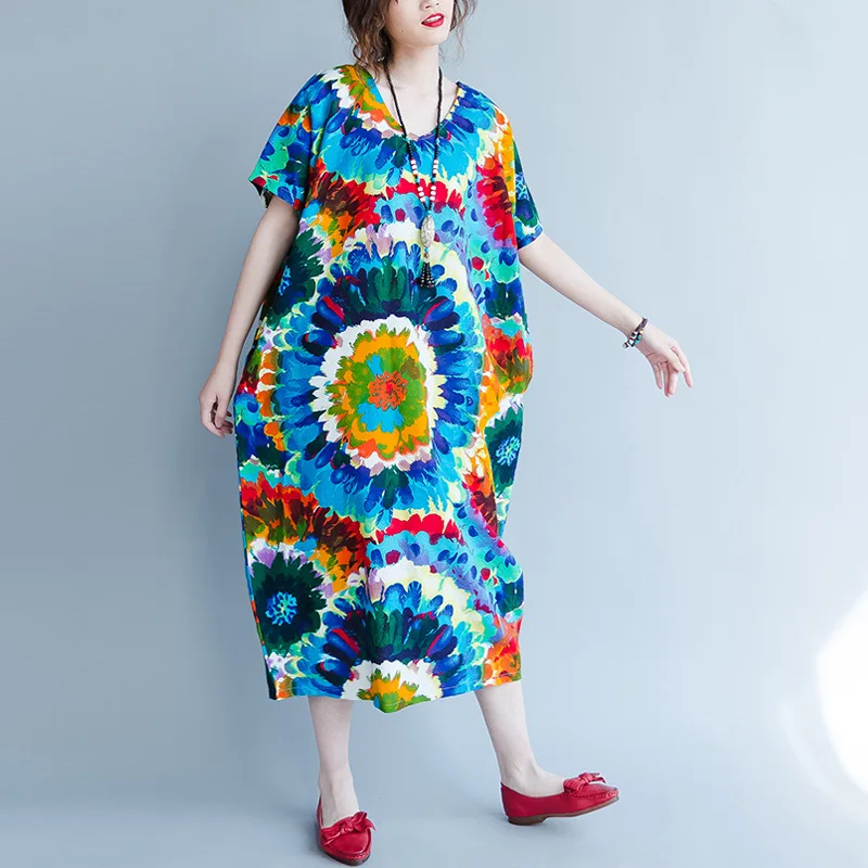 Colorful Printed Pattern Linen Dress Summer Women Oversize Short Sleeve Ankle Long Dresses
Colorful Printed Pattern Linen Dress Summer Women Oversize Short Sleeve Ankle Long Dresses
