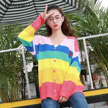 Rainbow Sweater Cardigan Women 2018 Autumn Winter V Neck Stripe Knitted Cardigan Coat Fashion Causal Loose Female Sweater Jacket
Rainbow Sweater Cardigan Women 2018 Autumn Winter V Neck Stripe Knitted Cardigan Coat Fashion Causal Loose Female Sweater Jacket