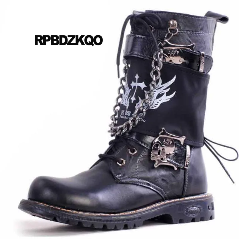 

Chunky Waterproof Italian Combat Metalic Shoes Men Black Zipper Punk Military Mid Calf Runway Vintage Motorcycle Boots Army Rock