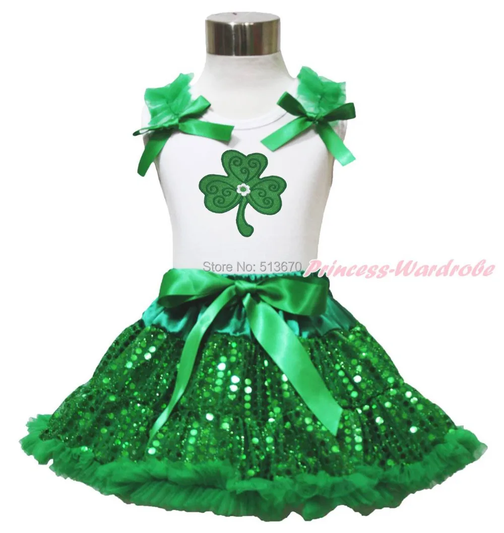 

St Patrick's Day Clover White Top Girl Bling Green Sequin Pettiskirt Set 1-8Year MAPSA0444