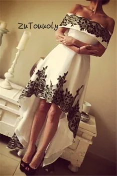 Fashion Off Shoulders Evening Dresses White High Low Black Lace Decoration Prom Party Gowns Chic Arabic Evening Dress For Women
Fashion Off Shoulders Evening Dresses White High Low Black Lace Decoration Prom Party Gowns Chic Arabic Evening Dress For Women