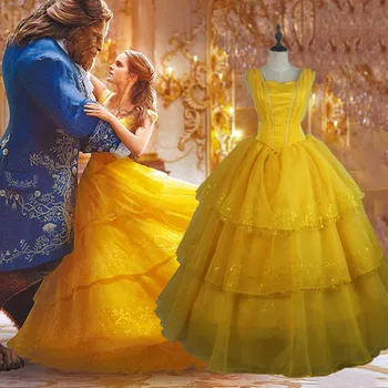 

Adult Movie Beauty and the Beast Princess Belle cosplay costumes Emma Watson Belle dress Yellow Halloween Custom made Plus size