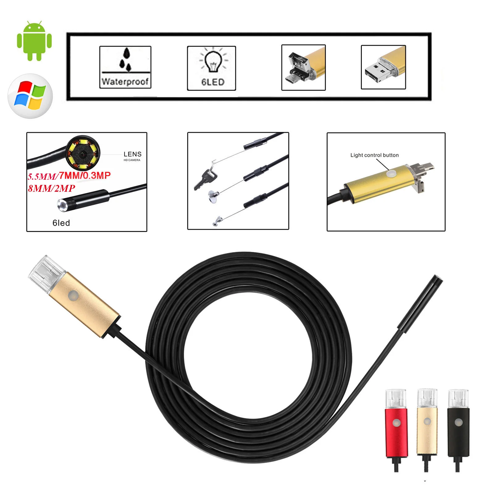 Mini Endoscopy with 6 LED Light 5.5mm 7mm 8mm Lens Waterproof Borescope Inspection Tube Picture Capture Video Recording Camera
Mini Endoscopy with 6 LED Light 5.5mm 7mm 8mm Lens Waterproof Borescope Inspection Tube Picture Capture Video Recording Camera