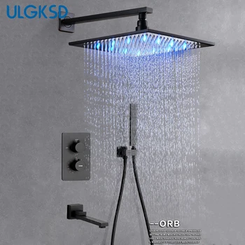 

ULGKSD Bronze Brass Thermostatic Shower Faucet LED Shower Head W/ Tub Spout Wall Mount Water Mixer Tap Para Bathroom Robinet
