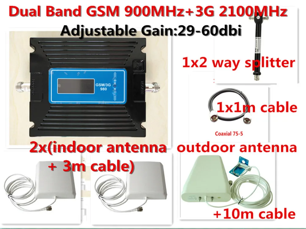 Newest LCD Display 29-60db Gain adjustable 3G W-CDMA 2100MHz + GSM 900Mhz Dual Band Mobile Phone Signal Booster Repeater 1 kits 
Newest LCD Display 29-60db Gain adjustable 3G W-CDMA 2100MHz + GSM 900Mhz Dual Band Mobile Phone Signal Booster Repeater 1 kits