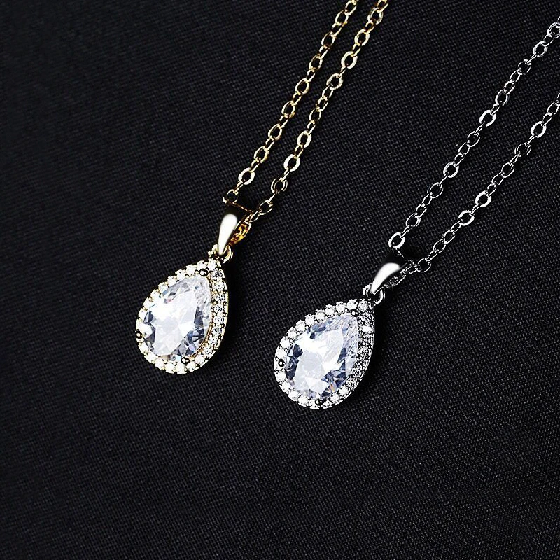 MxGxFam Good Quality Drop Water Zircon Pendants Necklace For Women Fashion Jewelry Gold Color 18 k AAA+ 45cm Chain | Украшения и