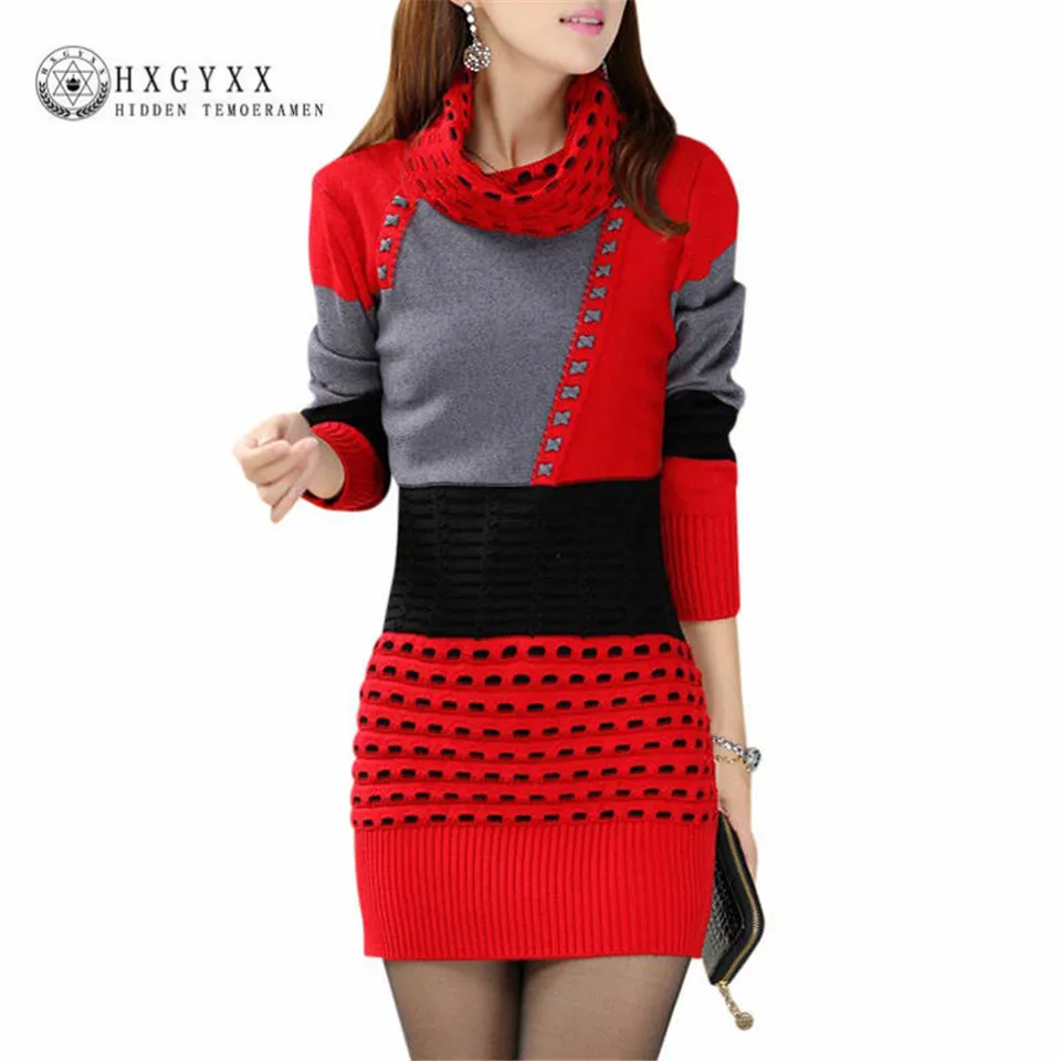 Image limited 2017 fashion winter sweaters dress turtleneck full sleeve knitted cotton sexy dresses patchwork mini pullovers ss206