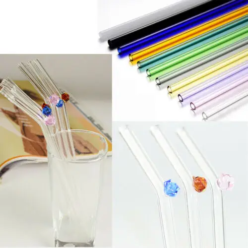 

Creative Reusable Glass Rose Straw Wedding Birthday Party Drinking Bend Straws + Stainless Steel Brush Set