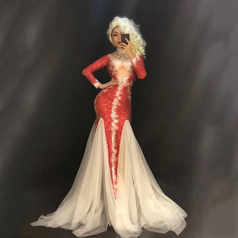 Women New Christmas Sexy Stage Red Long White Yarn Bling Dress Sparkling Crystals Nightclub Party Stage Wear Dancer Singer Dress
Women New Christmas Sexy Stage Red Long White Yarn Bling Dress Sparkling Crystals Nightclub Party Stage Wear Dancer Singer Dress