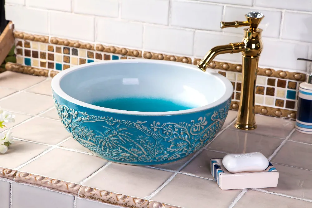 Europe Vintage Ceramic Art Basin Sinks Counter Top Wash Basin Bathroom Vessel Sink vanities fancy wash basin bathroom sink (1)