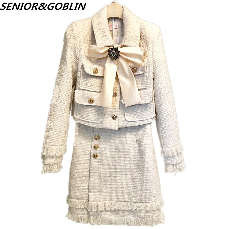 Women's Runway Tweed 2 Piece Set Skirt Black Bow Jacket Coat High Waist Mini Tassel Pencil Wool Blend Suits Winter Autumn New
Women's Runway Tweed 2 Piece Set Skirt Black Bow Jacket Coat High Waist Mini Tassel Pencil Wool Blend Suits Winter Autumn New