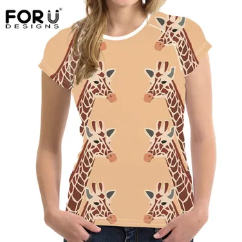 

FOURDEIGNS Casual T-Shirt Giraffe kangaroo Animal Cartoon Printed Women Summer Tops Tees Round Neck Khaki T Shirt Slim Fit Lady
