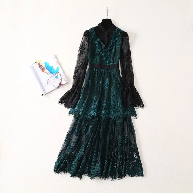 High Quality Brand Lace Dress 2019 Summer Style Women Green Black Lace Color Block Flare Sleeve Mid-Calf Length Dress Female
High Quality Brand Lace Dress 2019 Summer Style Women Green Black Lace Color Block Flare Sleeve Mid-Calf Length Dress Female