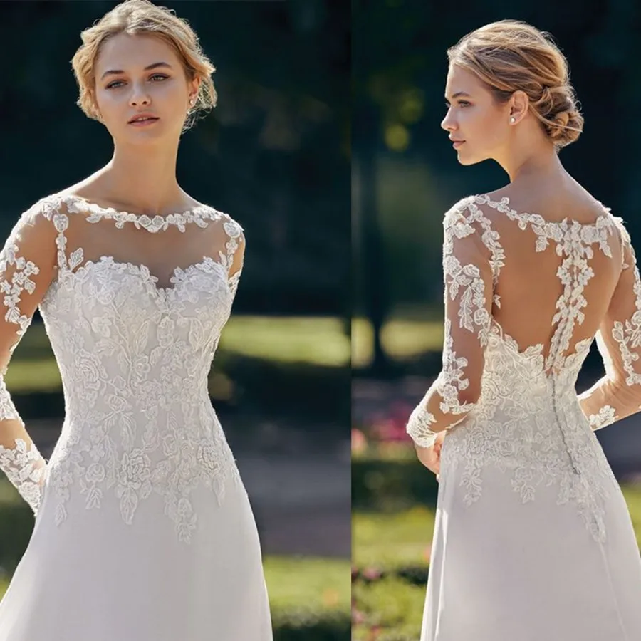 Soft Chiffon A-line Sweep Train Wedding Dress with Scoop Neckline Long Sleeves Button Lace Appliques Tulle Back Bridal Dress
Soft Chiffon A-line Sweep Train Wedding Dress with Scoop Neckline Long Sleeves Button Lace Appliques Tulle Back Bridal Dress