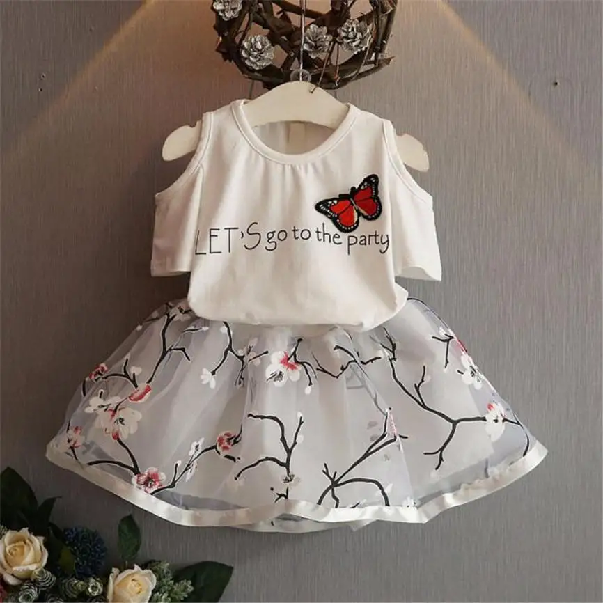 2018 New Fashion Kids Girls Clothes Cute Cotton Letter Rabbit Butterfly Shirt Top Flowers Skirt Set Clothing Dropshipping BTTF | Мать и