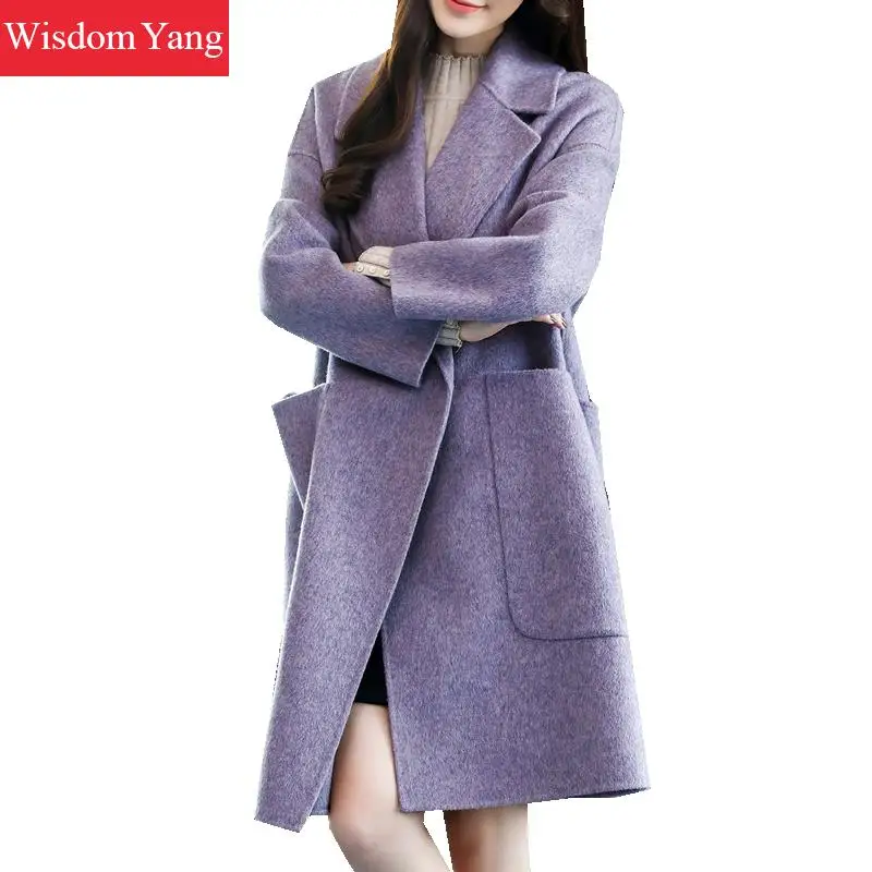 

Winter Purple Coat Full Sleeve Sheep Wool 2018 Coats Women Slim Sashes Xlong Casual Oversize Button Woolen Overcoat Outerwear