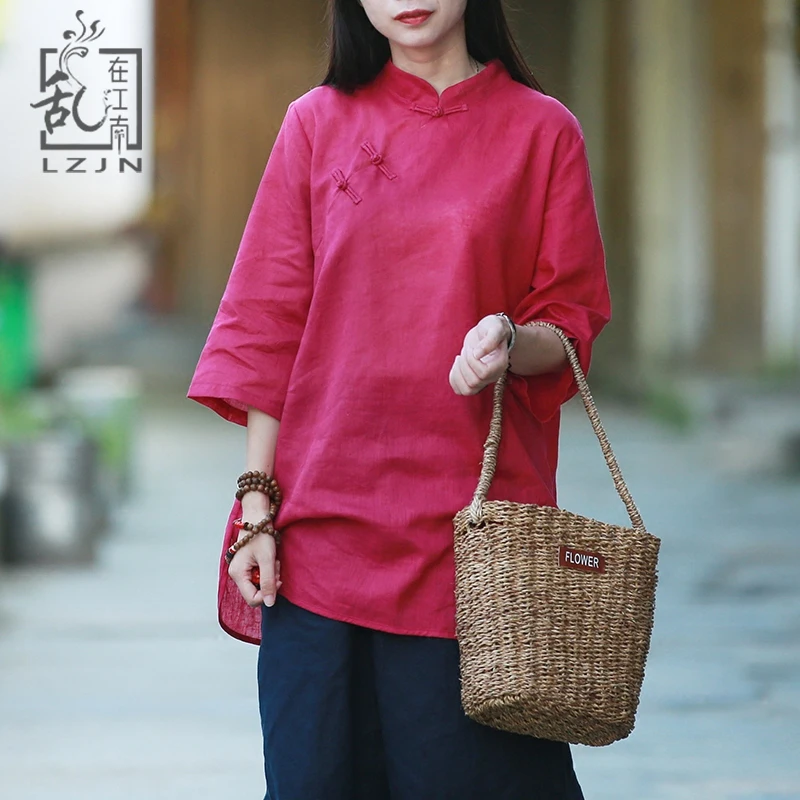 

LZJN 3/4 Sleeve Long Blouse 2020 Summer Autumn Tunic Tops for Women Traditional Chinese Clothing Solid Cheongsam Top Qipao Shirt