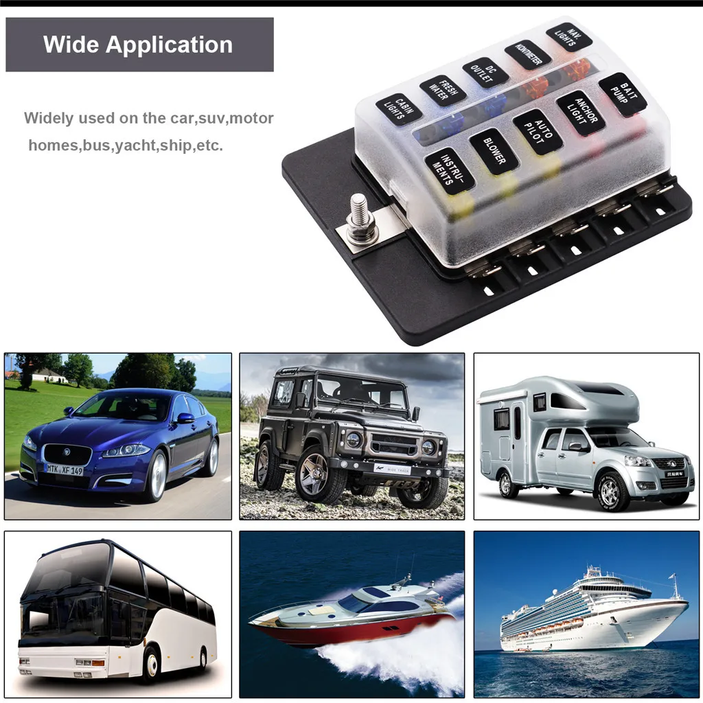1 Input And 10 Output 12 Way Car Auto Boat Marine UTV 4x4 Blade Fuse Box Block Cover 12V LED Indicator
1 Input And 10 Output 12 Way Car Auto Boat Marine UTV 4x4 Blade Fuse Box Block Cover 12V LED Indicator