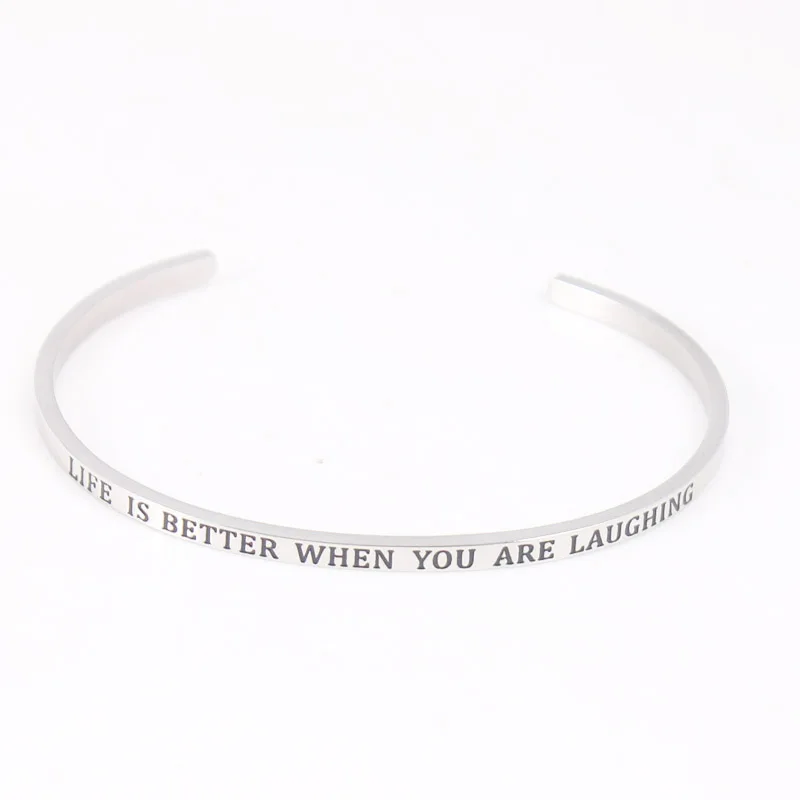 Stainless Steel Bar Bangle Engraved Life is Better When You are Laughing Positive Inspirational Quote Cuff Mantra Bracelet
Stainless Steel Bar Bangle Engraved Life is Better When You are Laughing Positive Inspirational Quote Cuff Mantra Bracelet