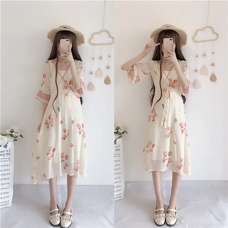 Chinese Hanfu Style 3pcs Set Women's Dress: Rose Print Chiffon Outer V-nect Dress & White Suspender Dress & Waist Belt
Chinese Hanfu Style 3pcs Set Women's Dress: Rose Print Chiffon Outer V-nect Dress & White Suspender Dress & Waist Belt