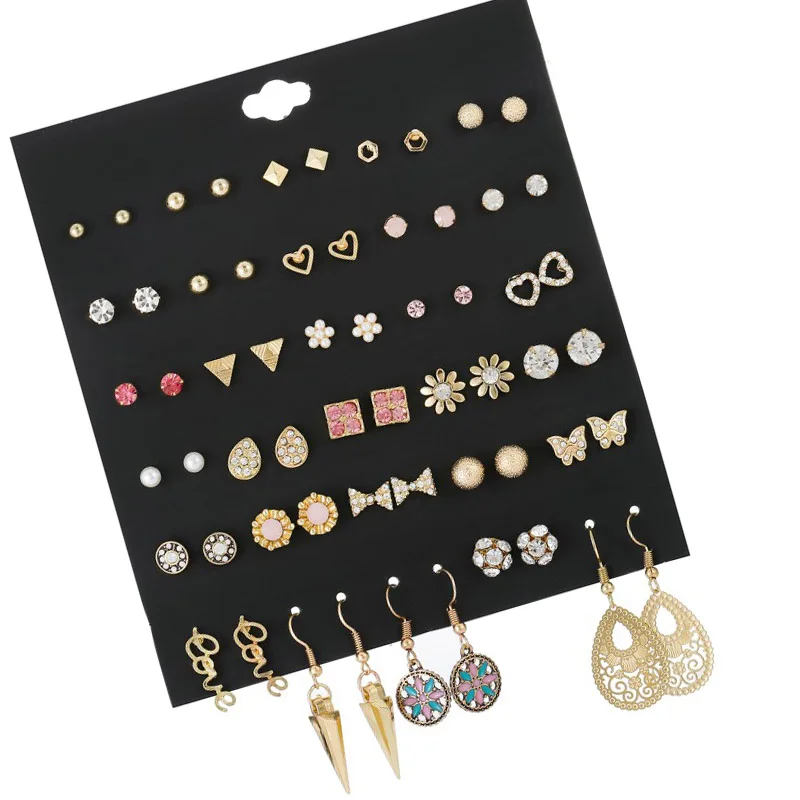 30 Pairs/set New Trendy Pink Crystal Rhinestone Stud Earrings Set For Women Geometric Gold Alloy Enamel Flower Hanging Earrings
30 Pairs/set New Trendy Pink Crystal Rhinestone Stud Earrings Set For Women Geometric Gold Alloy Enamel Flower Hanging Earrings