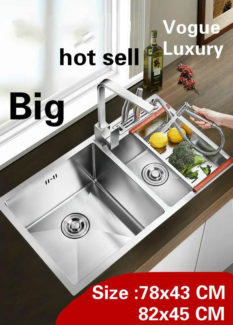 

Free shipping Home big kitchen manual sink double groove 304 stainless steel luxury do the dishes hot sell 780x430/820x450 MM