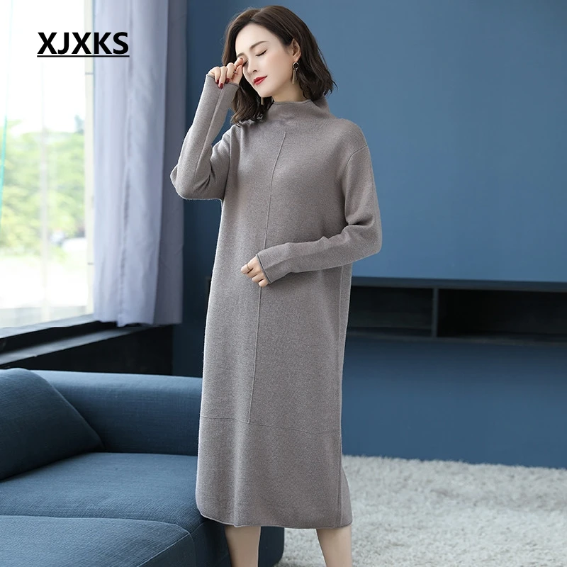 XJXKS Good quality women turtleneck sweater dress straight casual style dropped sleeve fashion comfortable women knitted dress
XJXKS Good quality women turtleneck sweater dress straight casual style dropped sleeve fashion comfortable women knitted dress
