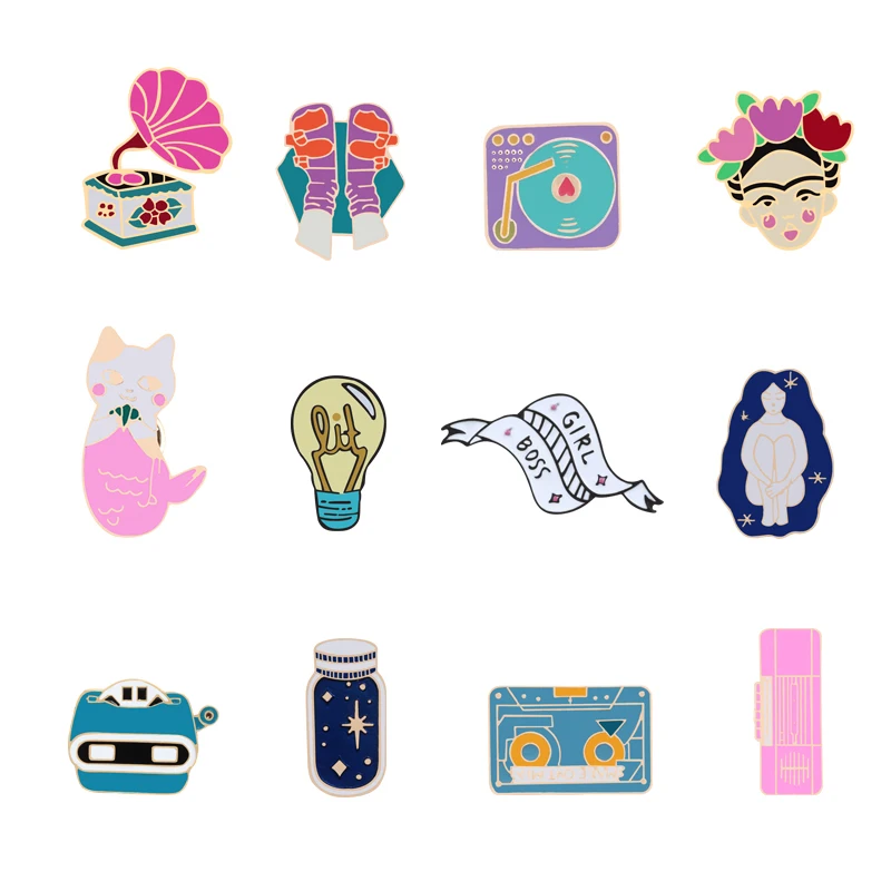 Vintage Women Brooches Enamel Bulb Phonograph Tape Recorder Music pins Cat Flower Girl Hair Scarf Hijab Star Bottle Alien Badges
Vintage Women Brooches Enamel Bulb Phonograph Tape Recorder Music pins Cat Flower Girl Hair Scarf Hijab Star Bottle Alien Badges