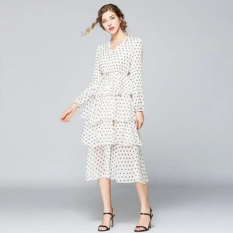 2019 New Summer Elegant Woman Slim A-line Party Long Robe Sleeve V-neck Dot White Cake Dresses Vestidos Luxury Women Dress | Женская
