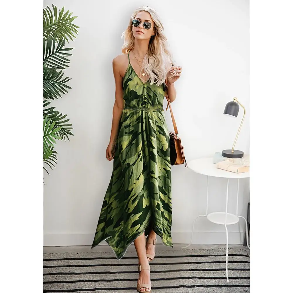 2019 spring and summer new women's sexy camouflage print sleeveless leaking elastic waist irregular dress
2019 spring and summer new women's sexy camouflage print sleeveless leaking elastic waist irregular dress