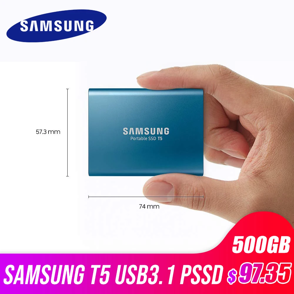 SAMSUNG T5 Portable SSD 500GB USB3.1 Gen2 and backward compatible for PC 540MB/s External Solid State HDD MU-PA500B/CN
SAMSUNG T5 Portable SSD 500GB USB3.1 Gen2 and backward compatible for PC 540MB/s External Solid State HDD MU-PA500B/CN