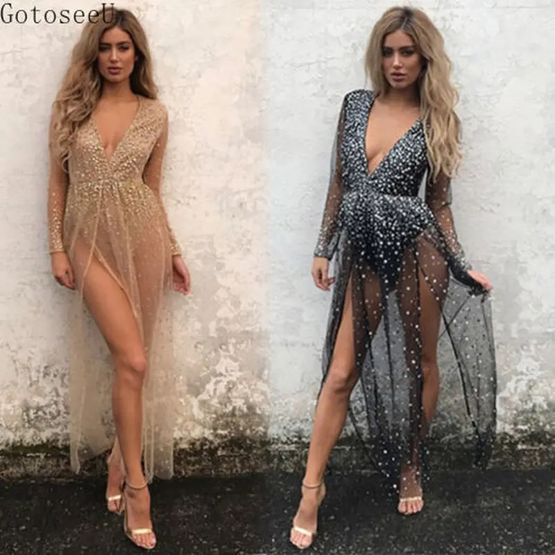 GotoseeU Women Sexy Sequin Maxi Dress Party Long Sleeve Side Slit Mesh Bodycon Black Gold V-neck Long Dress
GotoseeU Women Sexy Sequin Maxi Dress Party Long Sleeve Side Slit Mesh Bodycon Black Gold V-neck Long Dress