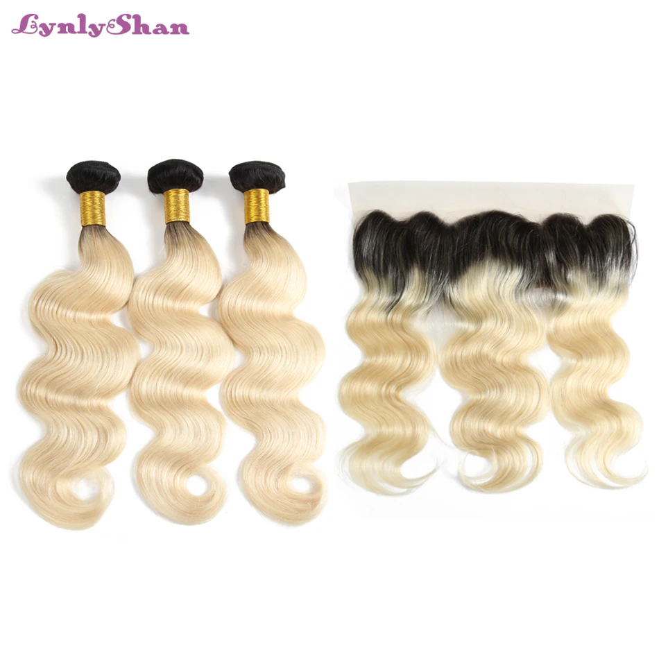 

Lynlyshan Brazilian Hair Weave Bundle Deals 1B 613 Honey Blonde Body Wave Remy Human Hair Bundles with Closure 13x4 Lace Frontal