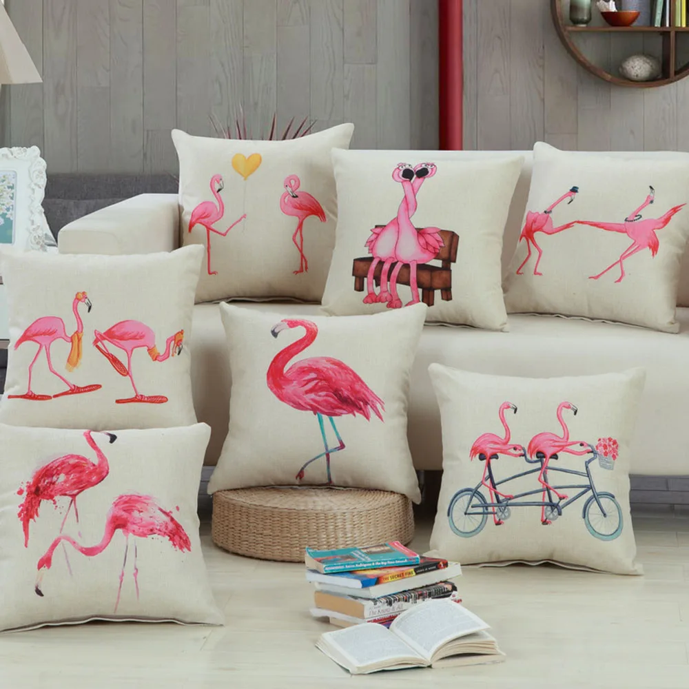 Image 45*45cm Bedding Outlet Cotton Linen Cushion Cover Flamingo Design Pillow Case Sofa Bed Car Decor For Lover Best Gifts