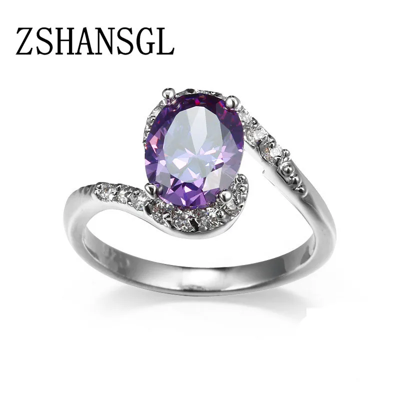 

Genuine 925 Sterling Silver Geometric Melody Sparking Wave Big Purple CZ Finger Rings for Women Promise Silver Jewelry Stackable