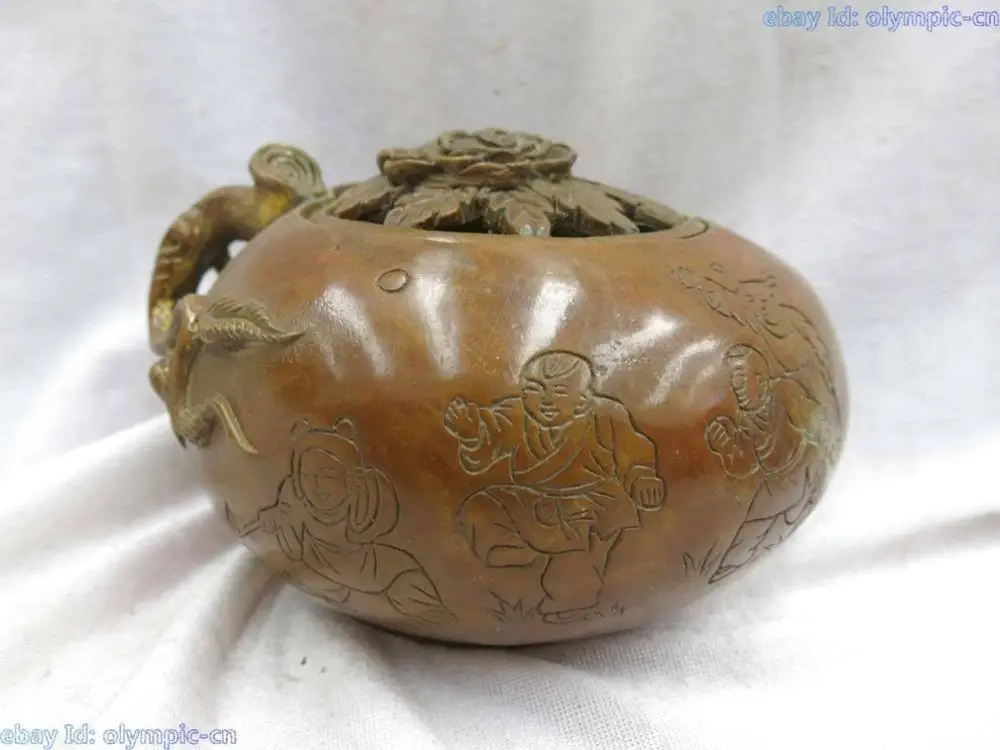 DS China brass copper carved tree peony four boys incense burner Sculpture Statue