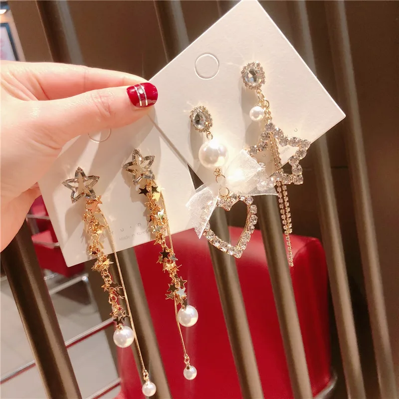 

Asymmetric New Woman Drop Earring Shining Long Stars Tassel Big Heart Dangle Earrings Personality Accessories Fashion Jewelry