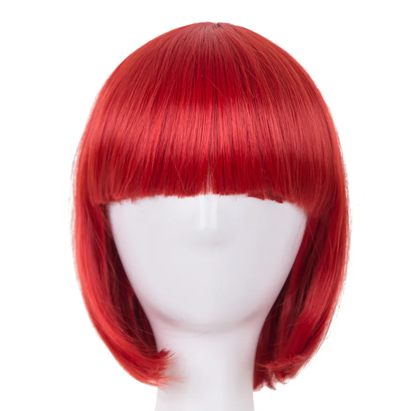 

Cos-play Wig Fei-Show Synthetic Heat Resistant Short Wavy Red Hair Costume Carnival Halloween Flat Bangs Women Bob Hairpiece