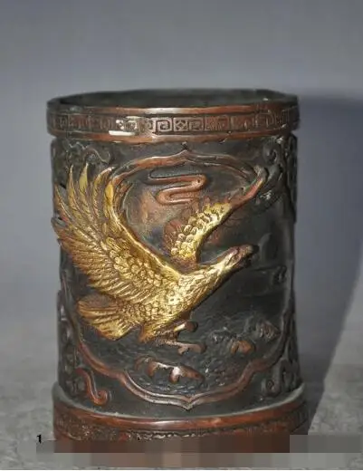 S01185 marked chinese palace bronze gilt Eagle Hawk bird statue brush pot pencil vase B0403
S01185 marked chinese palace bronze gilt Eagle Hawk bird statue brush pot pencil vase B0403