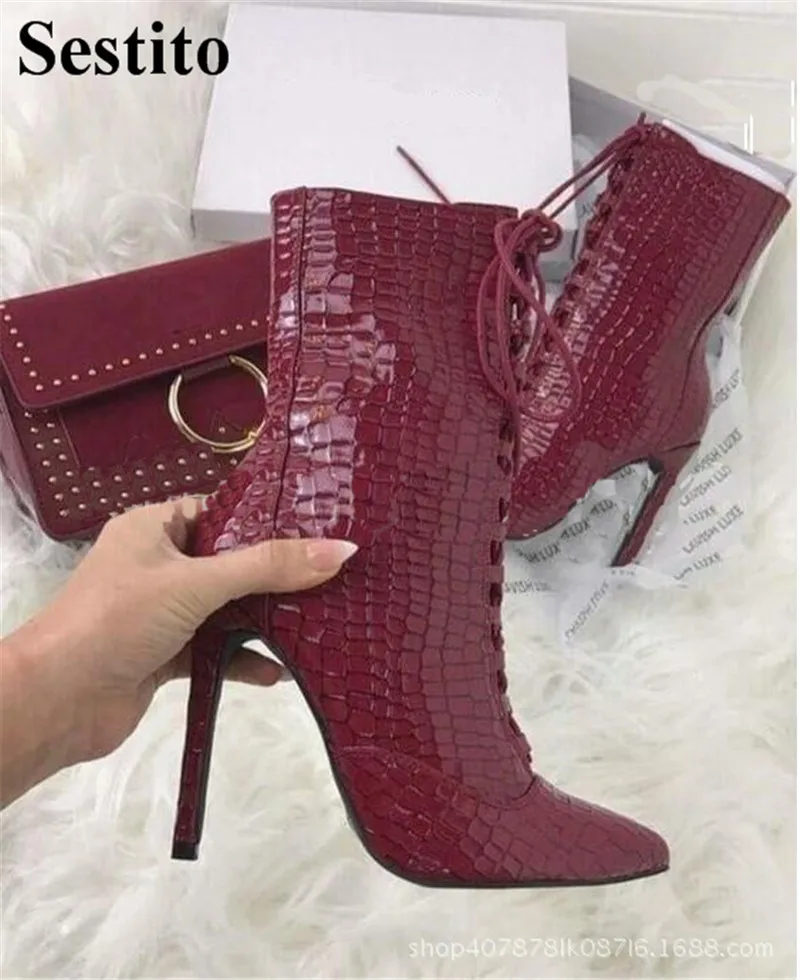 Sexy Red Wine Snakeskin Pattern Woman Boots Pointed Toe Ankle Boots For Women Autumn Thin Heels Short Boots Lace-up Women Shoes
Sexy Red Wine Snakeskin Pattern Woman Boots Pointed Toe Ankle Boots For Women Autumn Thin Heels Short Boots Lace-up Women Shoes