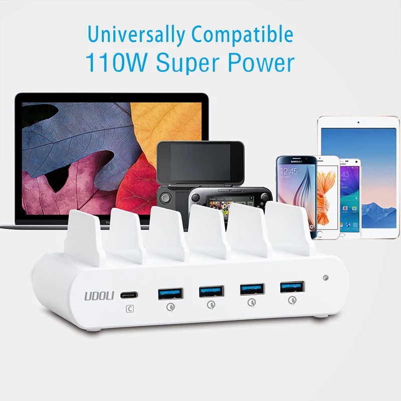 5-Port QC3.0 USB Fast Charging Station for iPhone Android Tablet /& 65W Laptop