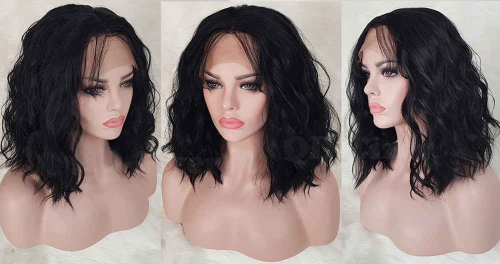 QD-Tizer Black Color Short Wavy Synthetic Lace Front Wig Glueless with Baby Hair Loose Wave Heat Resistant Synthetic Lace Front Wigs5