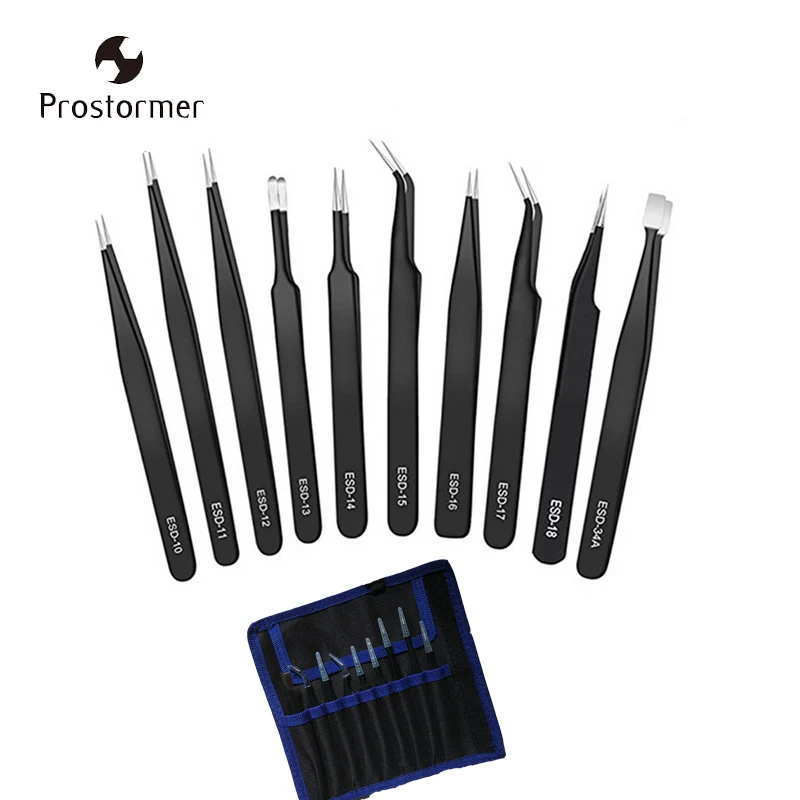 Prostormer ESD Tweezers Tools Kit Precision Antistatic Tip Curved Straight Stainless Steel Nipper Repair Tool Set D3021 | Инструменты