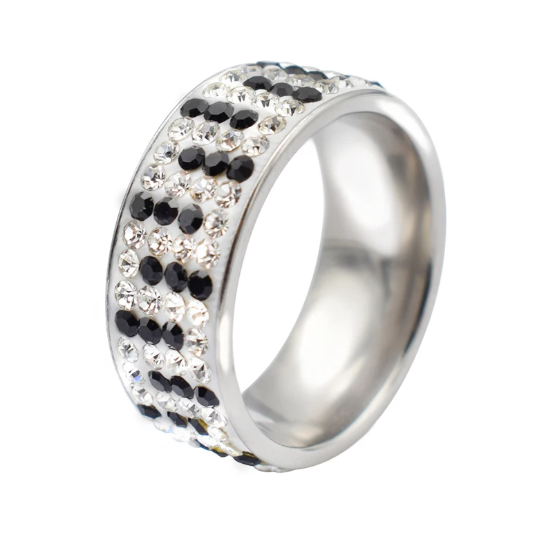 Новый дизайн 4 ряда черно-белое кольцо из нержавеющей стали с кристаллами для